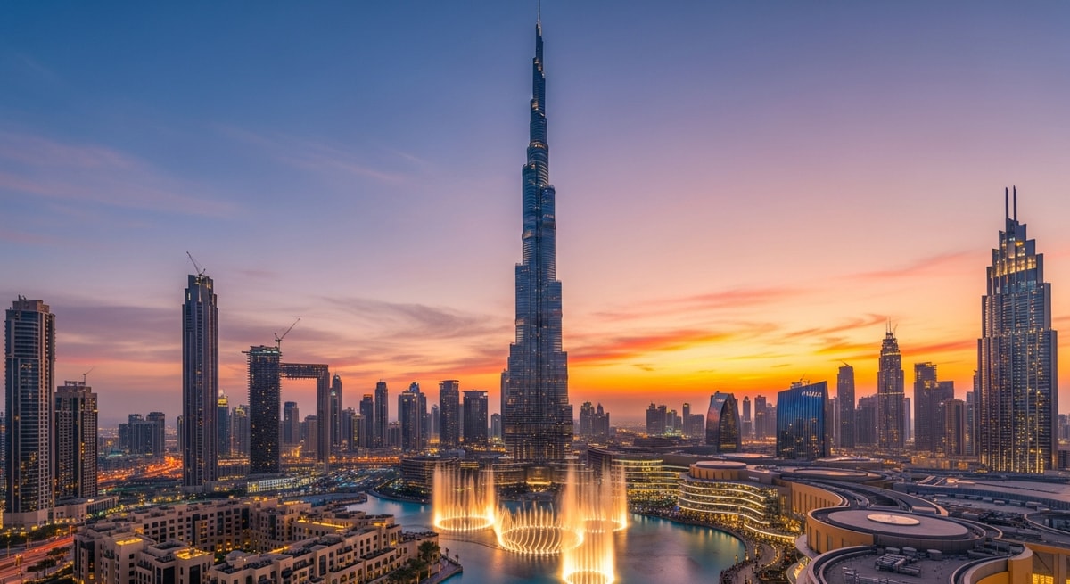 Stunning view of Burj Khalifa towering over Dubai skyline at sunset with the Dubai Fountain below