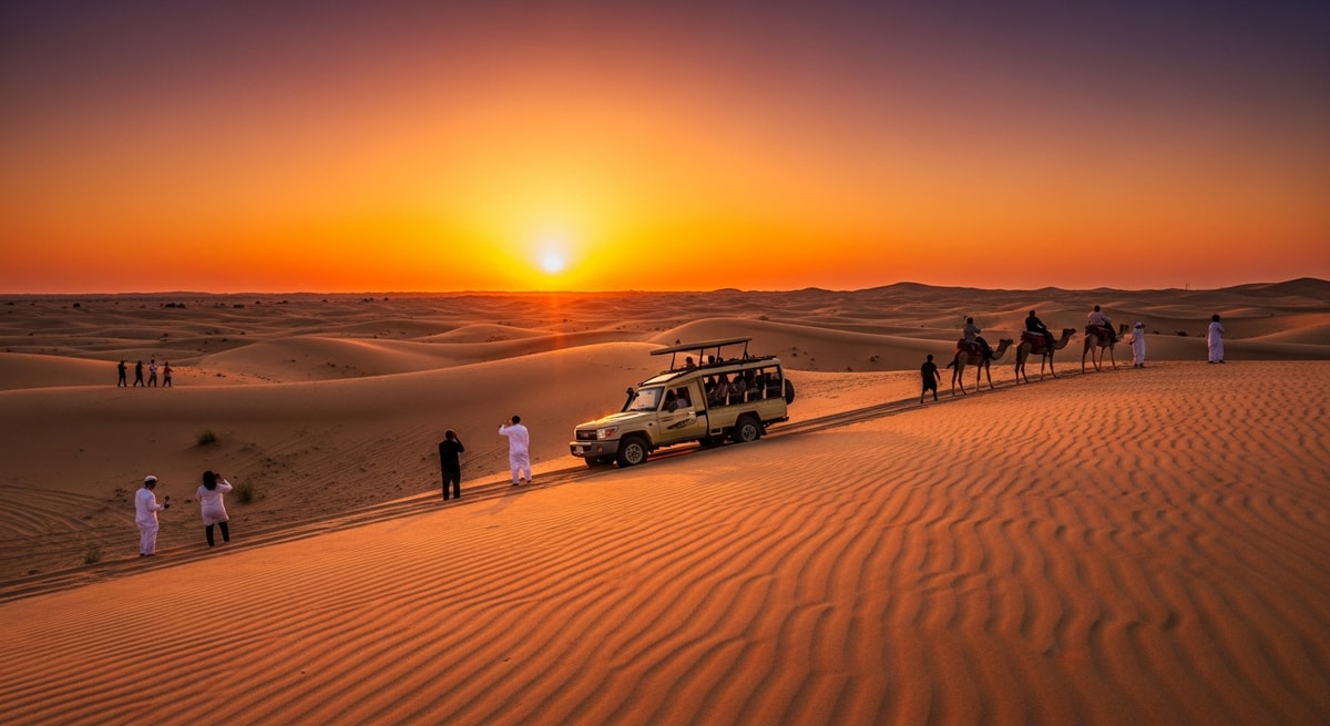 Traditional desert safari experience with golden sand dunes and sunset in Dubai Desert Conservation Reserve