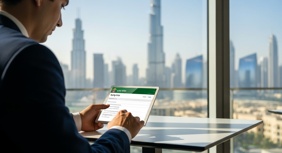 Business traveler applying for UAE visa on tablet with Dubai skyline in background
