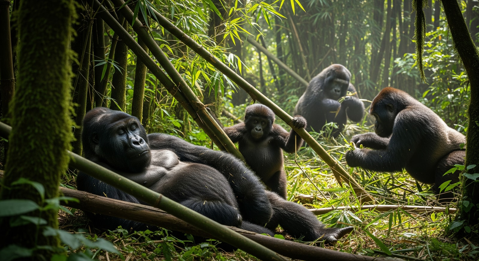 Mountain gorilla family in the dense bamboo forest of Bwindi Impenetrable National Park with silverback resting