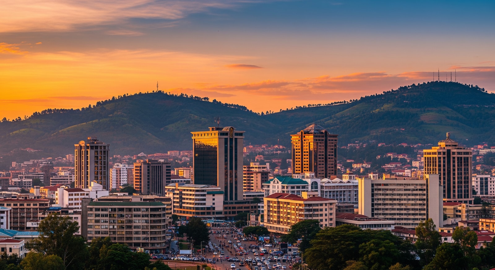 Panoramic view of Kampala city skyline with modern buildings and lush green hills at sunset