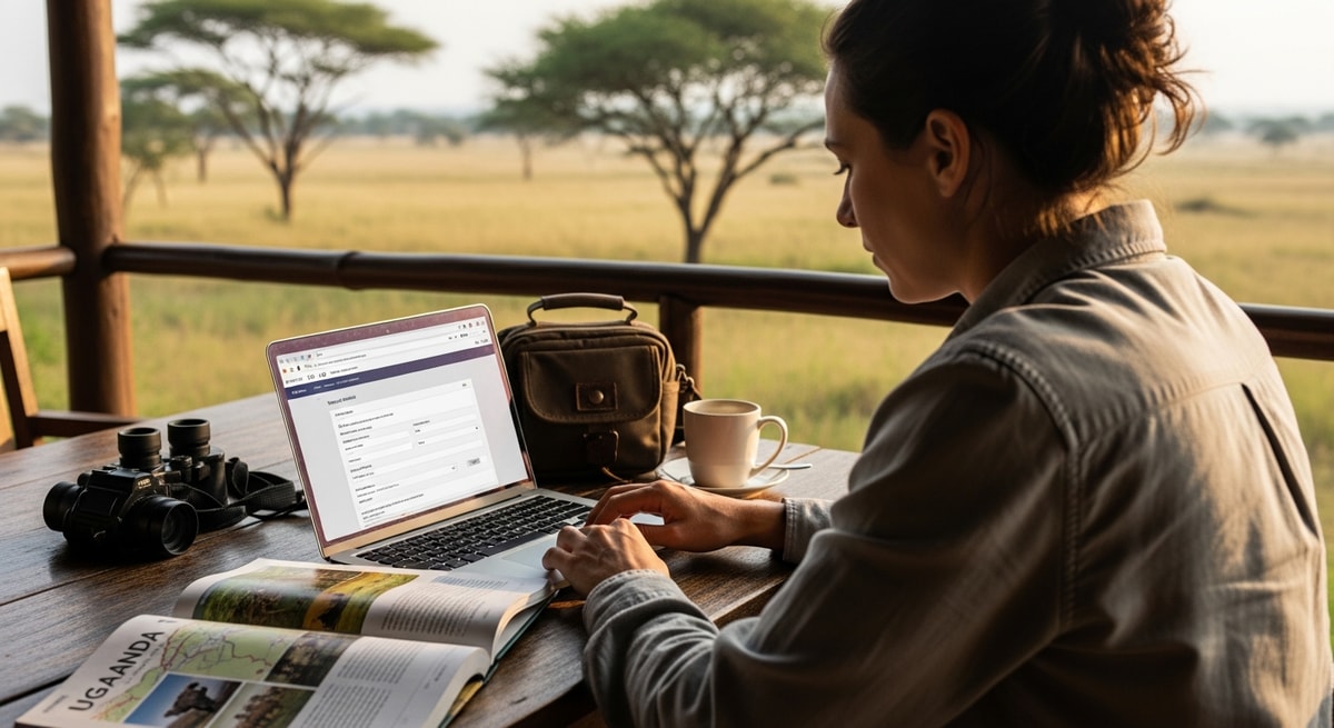 Traveler using laptop to apply for Uganda visa while planning safari adventure