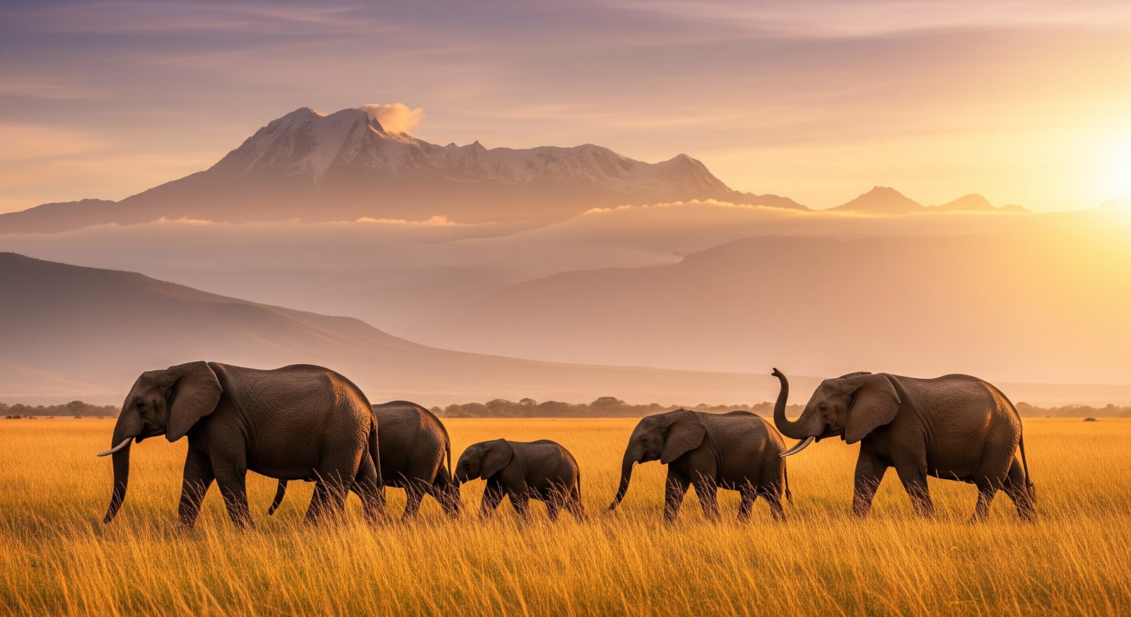 African elephants crossing the golden savanna of Queen Elizabeth National Park with the Rwenzori Mountains in background