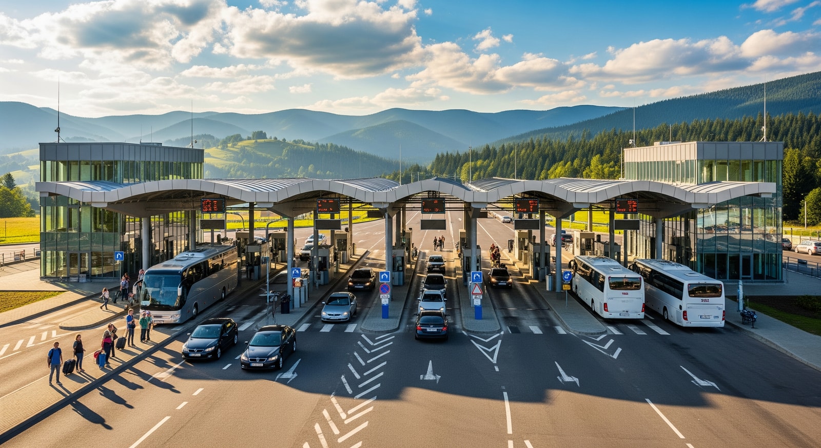Modern border crossing checkpoint between Ukraine and Poland with travelers and vehicles
