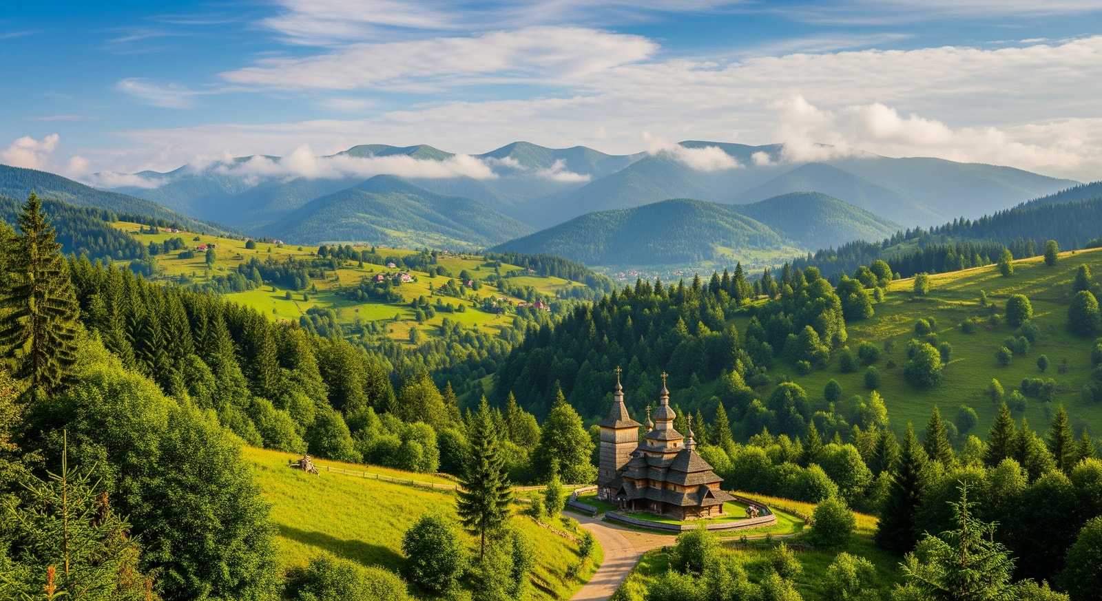Scenic view of the Carpathian Mountains in western Ukraine with traditional wooden church and green valleys