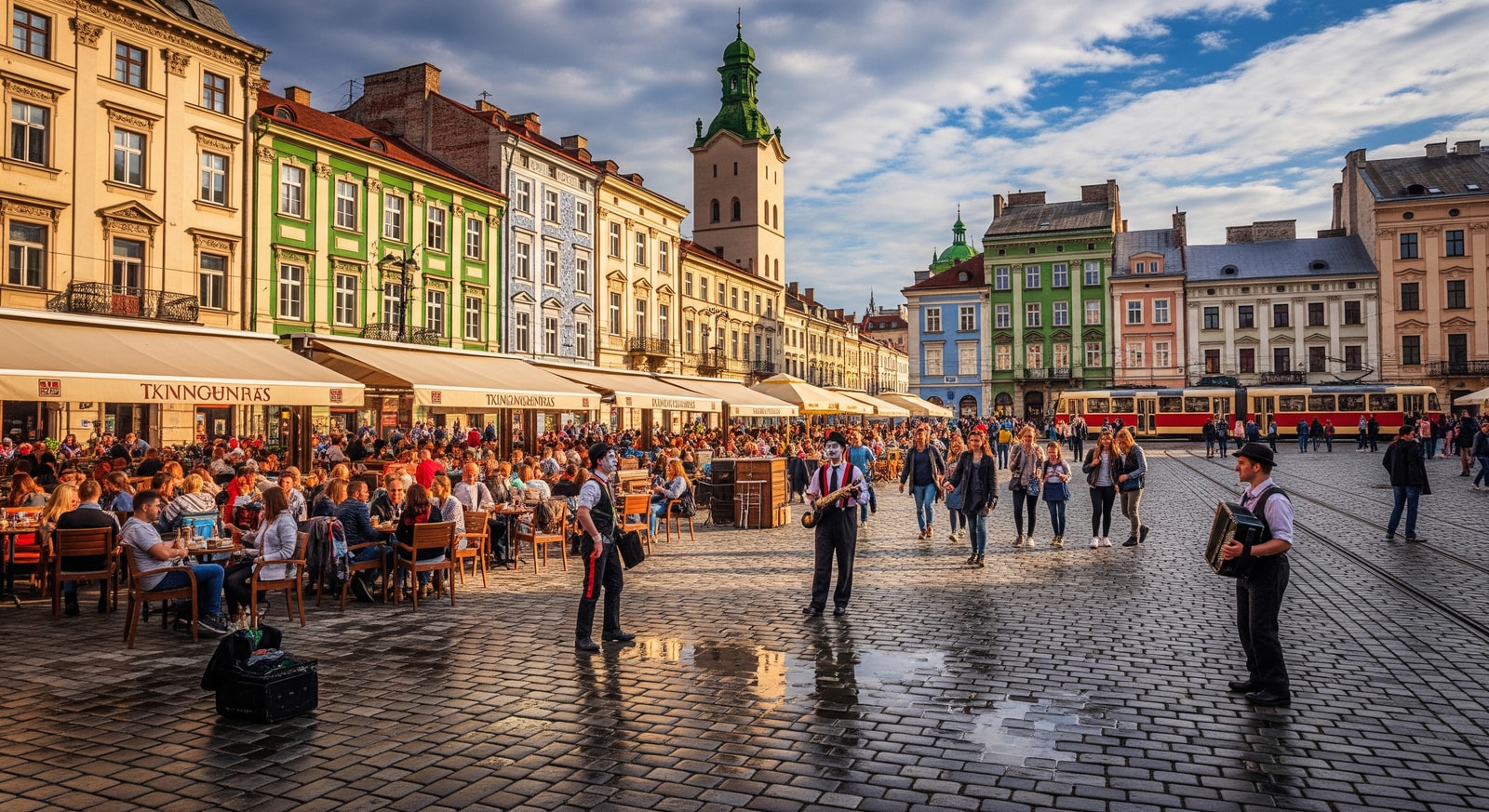 Historic Rynok Square in Lviv with Renaissance architecture and outdoor cafes bustling with visitors