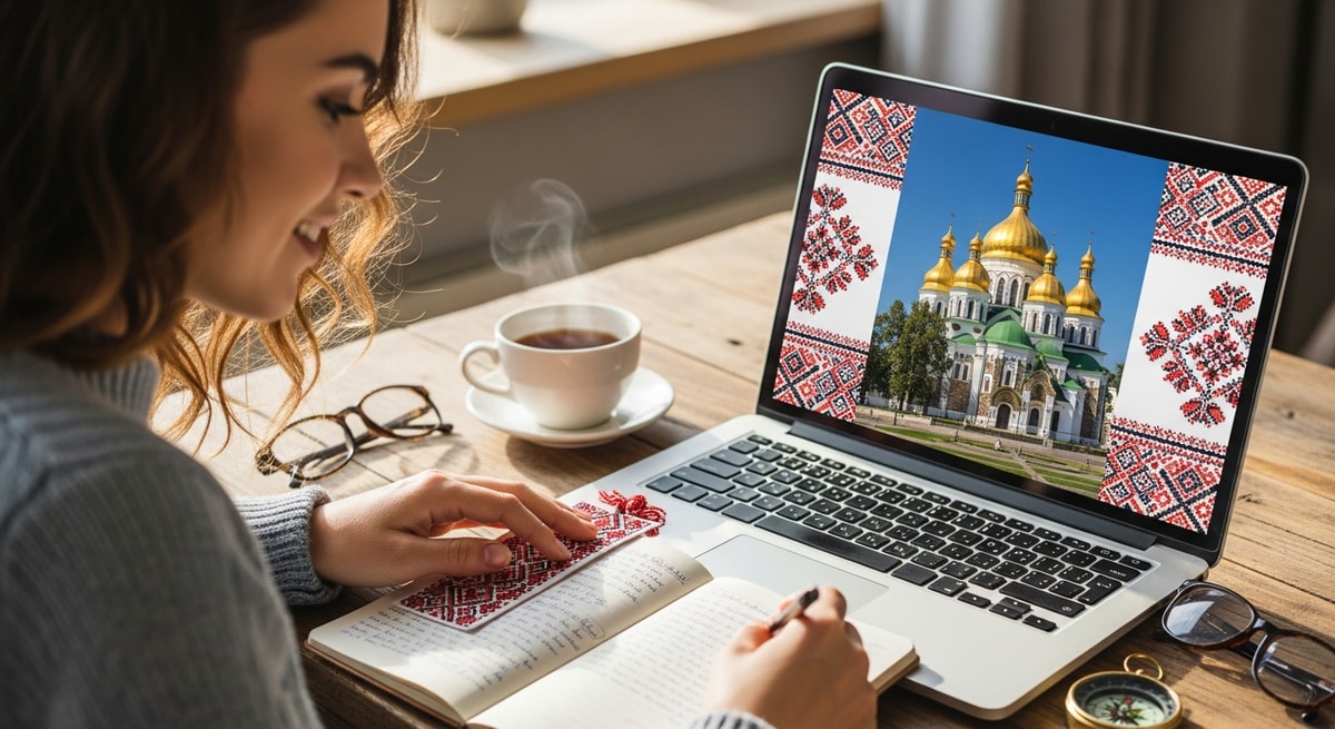 Traveler planning Ukraine trip with laptop showing Saint Sophia Cathedral and traditional Ukrainian embroidery
