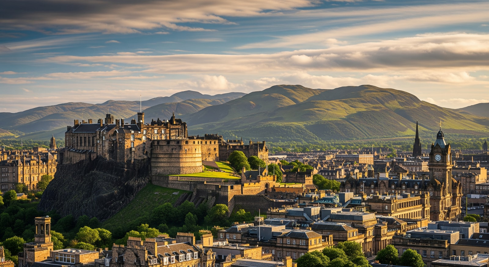 Edinburgh Castle perched on volcanic rock overlooking the city with Scottish highlands in distance