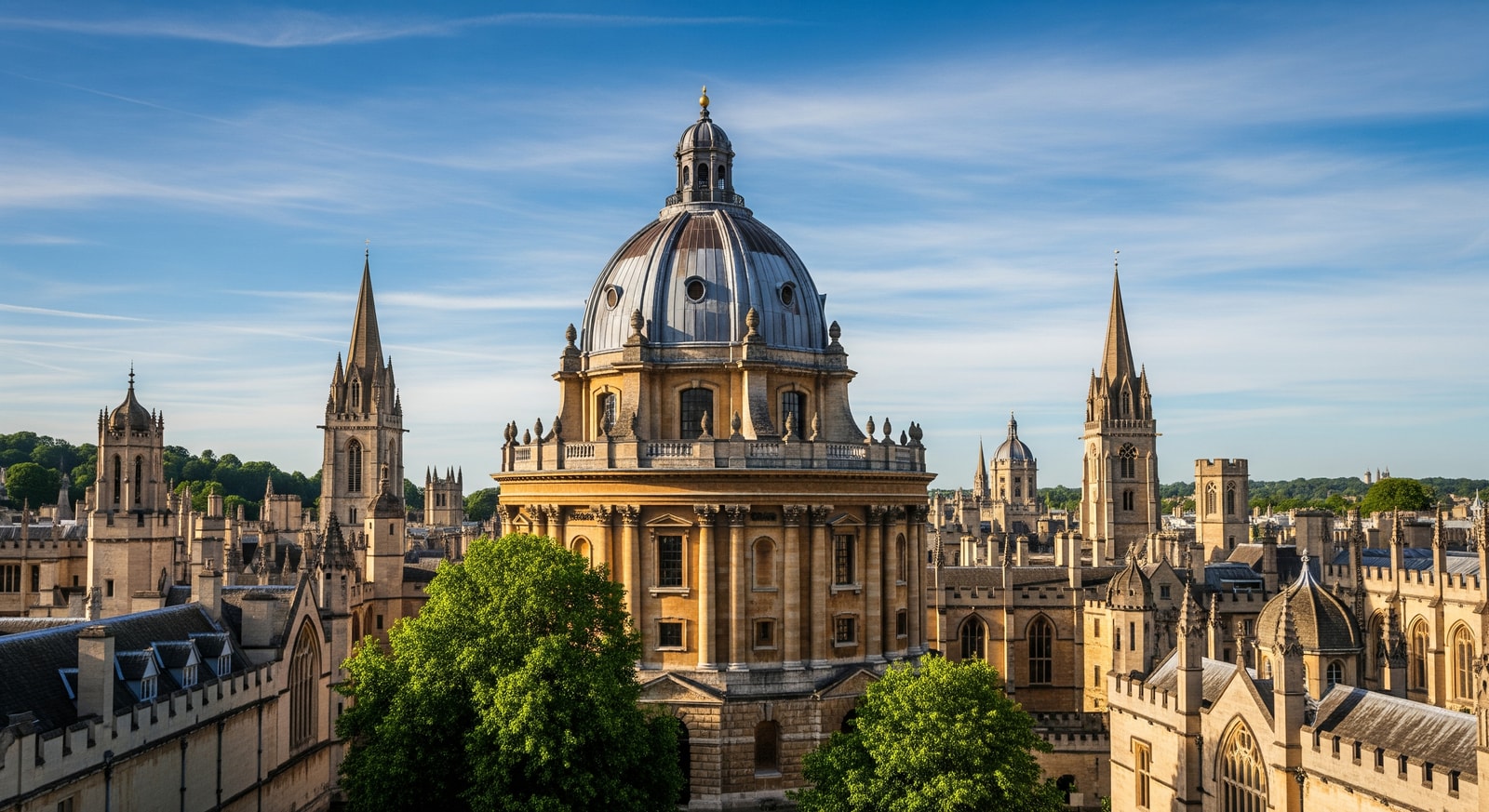 Historic Oxford University buildings with Radcliffe Camera dome and spires against blue sky