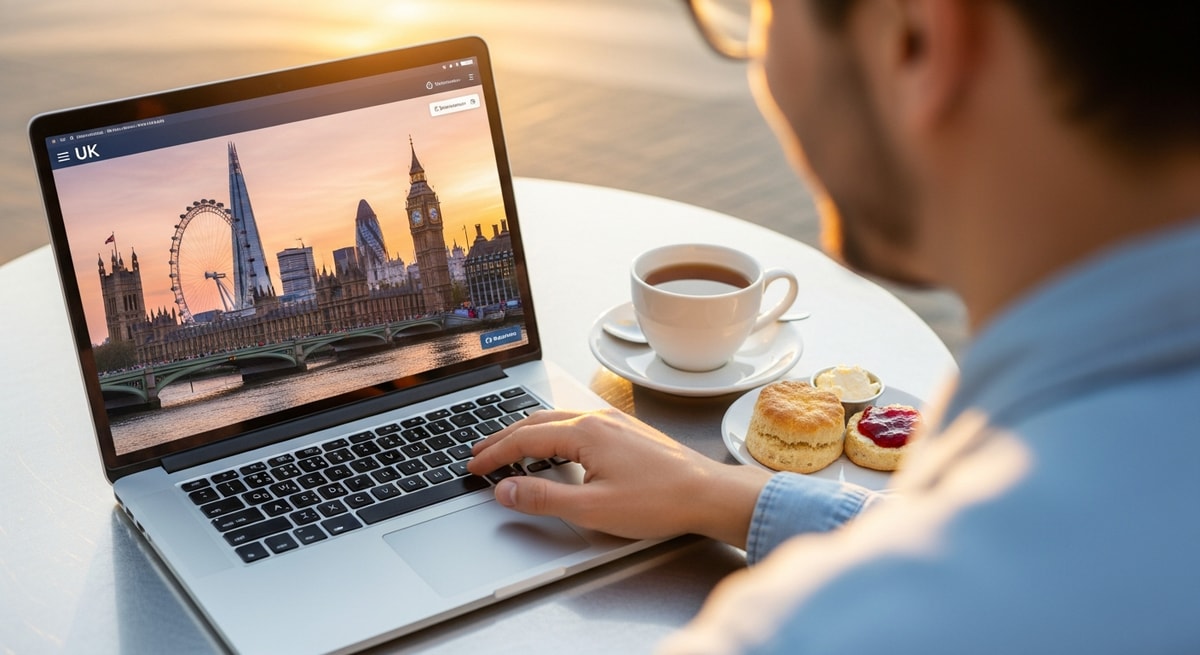 Traveler planning UK trip with laptop showing London skyline while enjoying afternoon tea