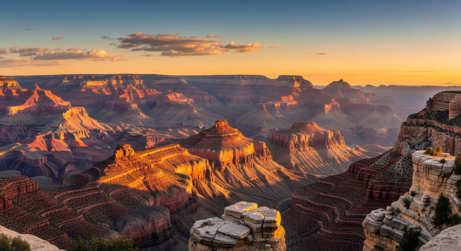Breathtaking panoramic view of the Grand Canyon at sunset with layered red rock formations stretching to the horizon