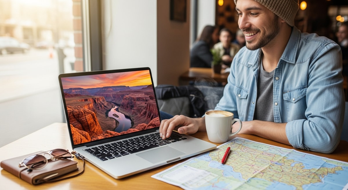 Traveler planning USA trip with laptop showing Grand Canyon scenery