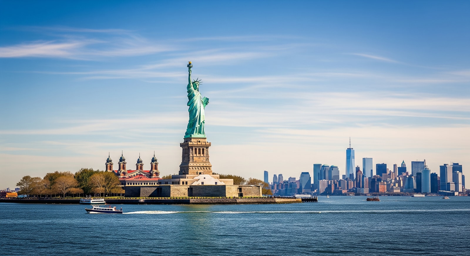 The Statue of Liberty standing tall against a clear blue sky with Ellis Island and New York Harbor in the background