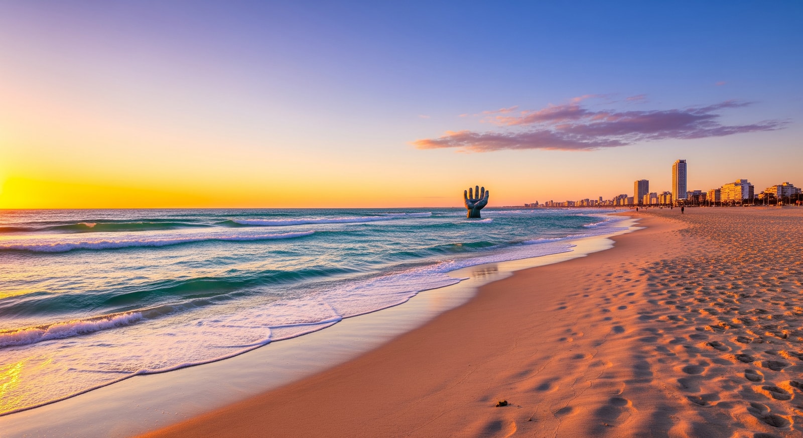 Pristine sandy beach at Punta del Este with turquoise waters and iconic La Mano sculpture visible in distance