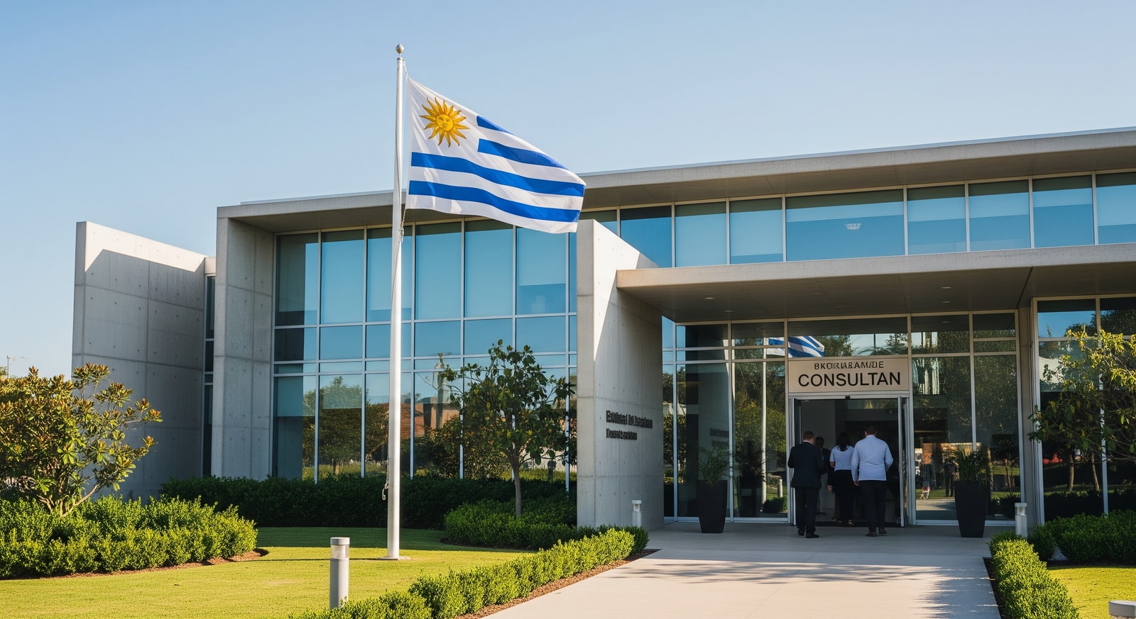 Modern Uruguayan consulate building exterior with national flag and people entering for appointments