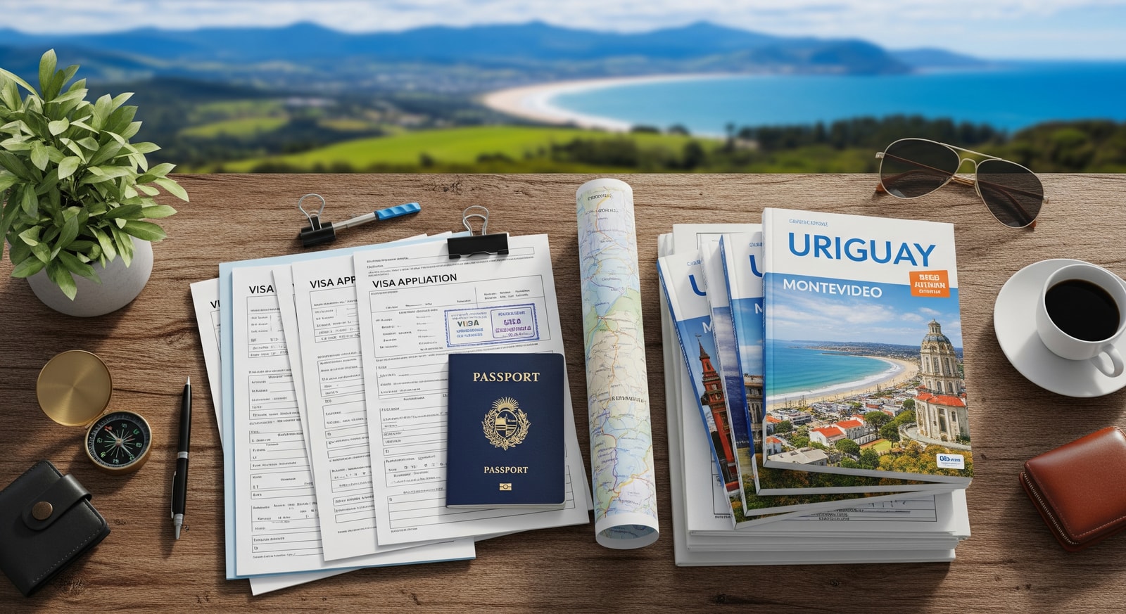 Organized travel documents including passport, visa forms, and Uruguay travel guides on a wooden desk