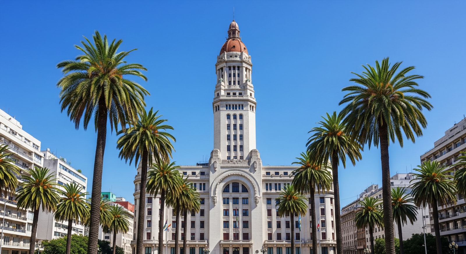 The historic Palacio Salvo building in Montevideo's Plaza Independencia with palm trees and clear blue sky