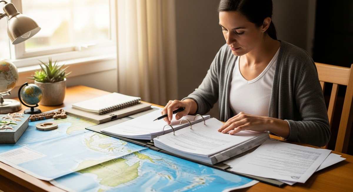 Researcher preparing permit application documents with map of Pacific islands on desk