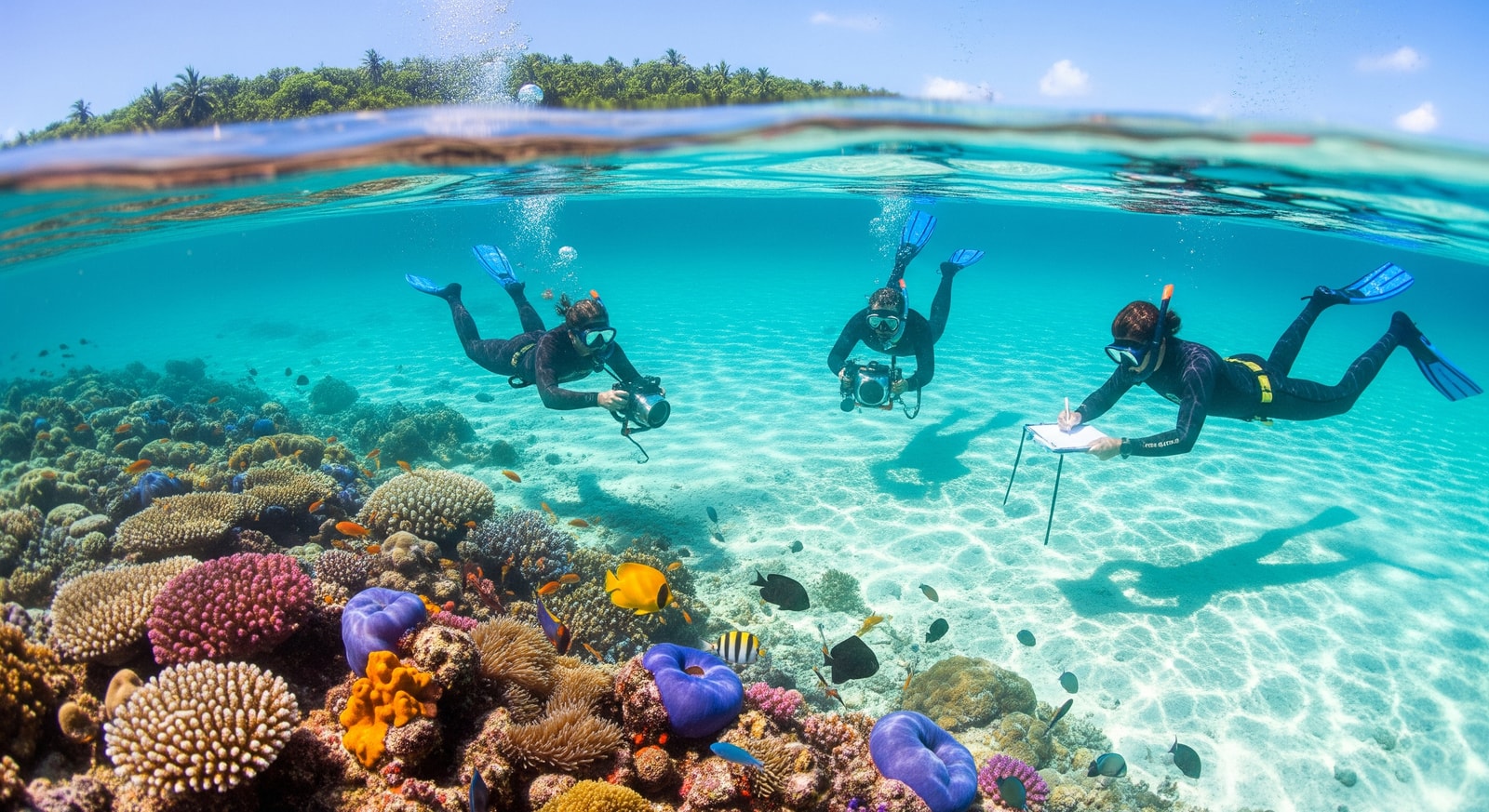 Marine researchers conducting coral reef survey in crystal-clear waters around Palmyra Atoll
