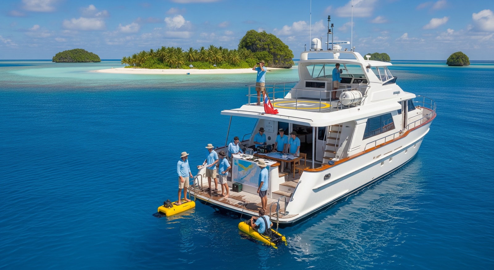 Charter vessel anchored in the deep blue waters near a remote Pacific atoll with research team aboard