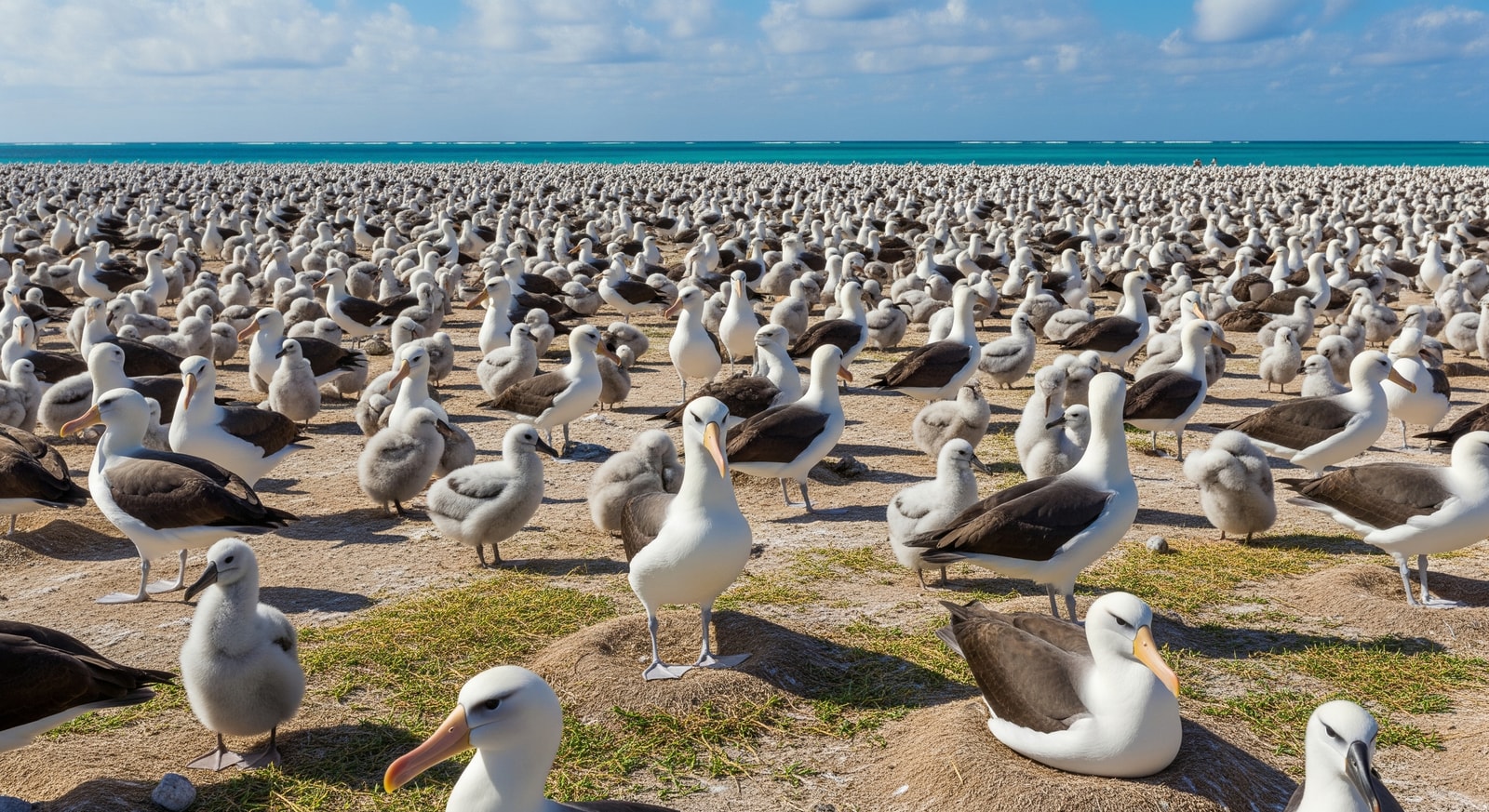 Laysan albatross colony on Midway Atoll with thousands of nesting seabirds covering sandy grounds