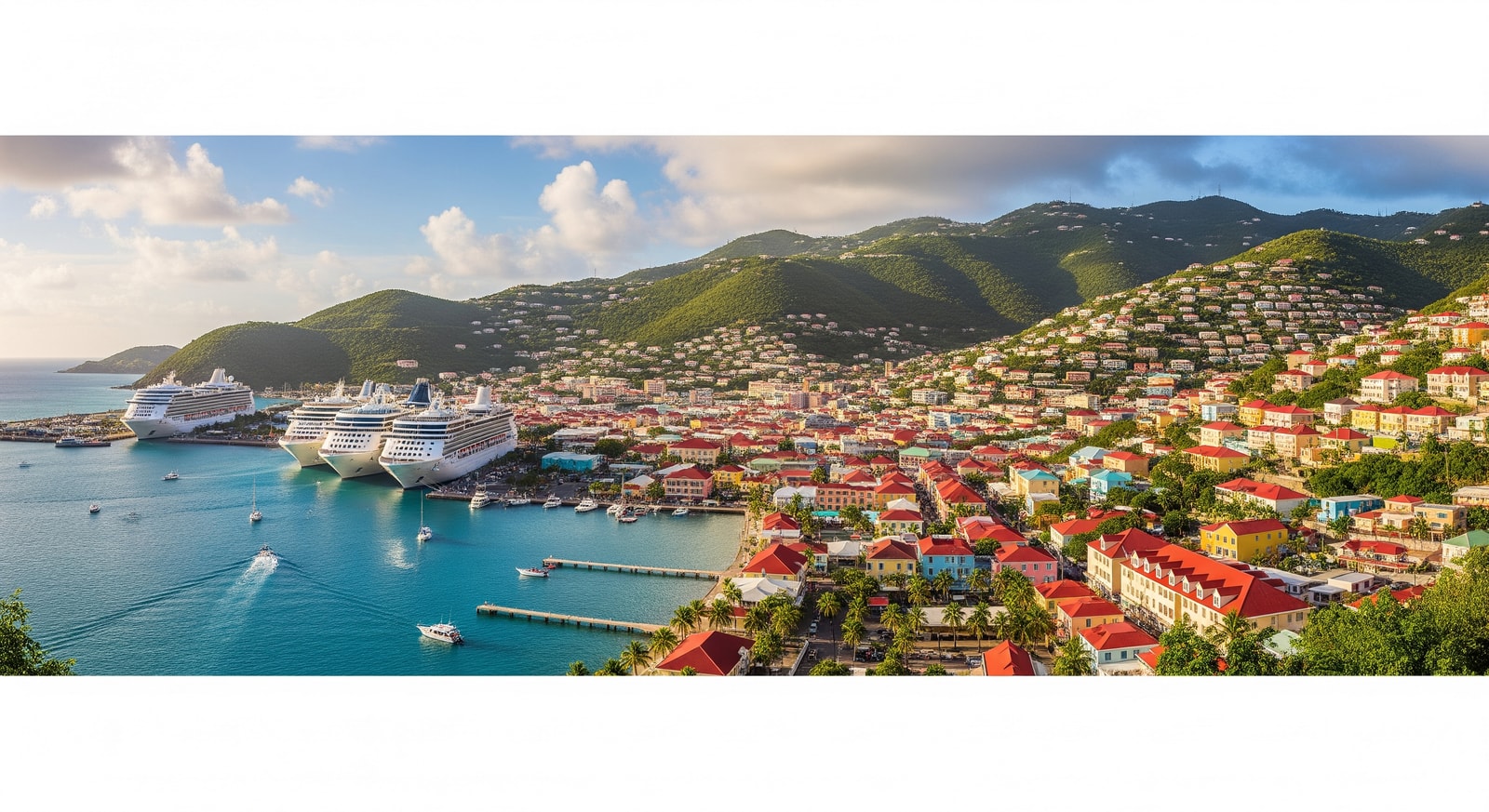 Panoramic view of Charlotte Amalie harbor with cruise ships and colorful hillside buildings in St. Thomas