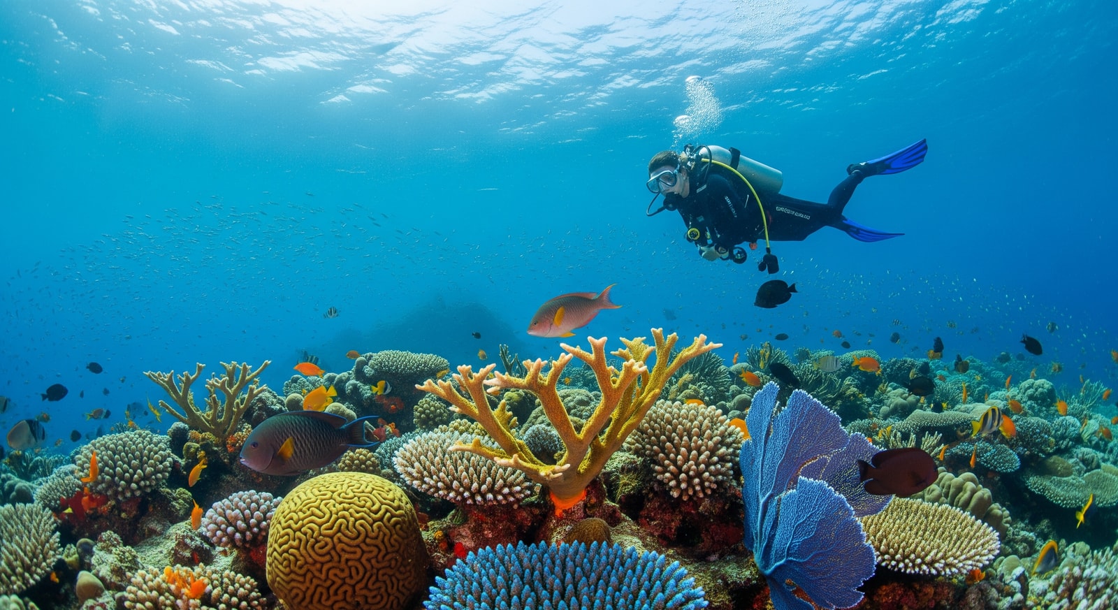Scuba diver exploring vibrant coral reef and tropical fish near Buck Island in St. Croix