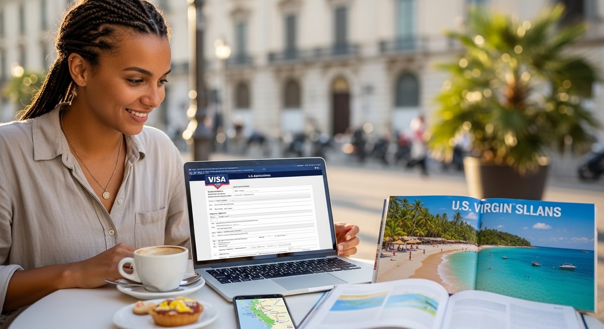 Happy traveler using laptop to apply for US visa while planning U.S. Virgin Islands vacation