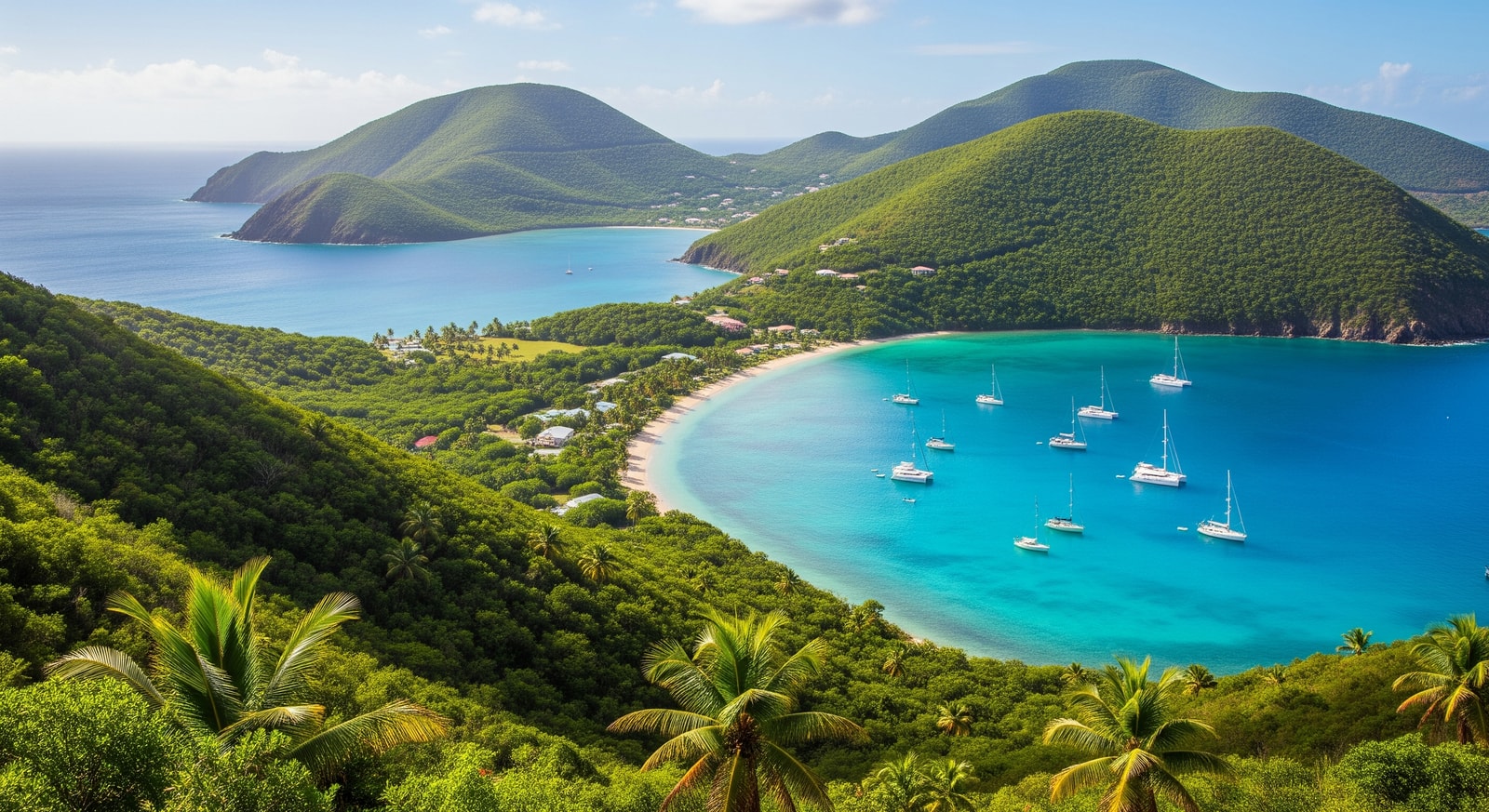 Lush green hillsides overlooking Caneel Bay with sailboats anchored in turquoise waters of St. John