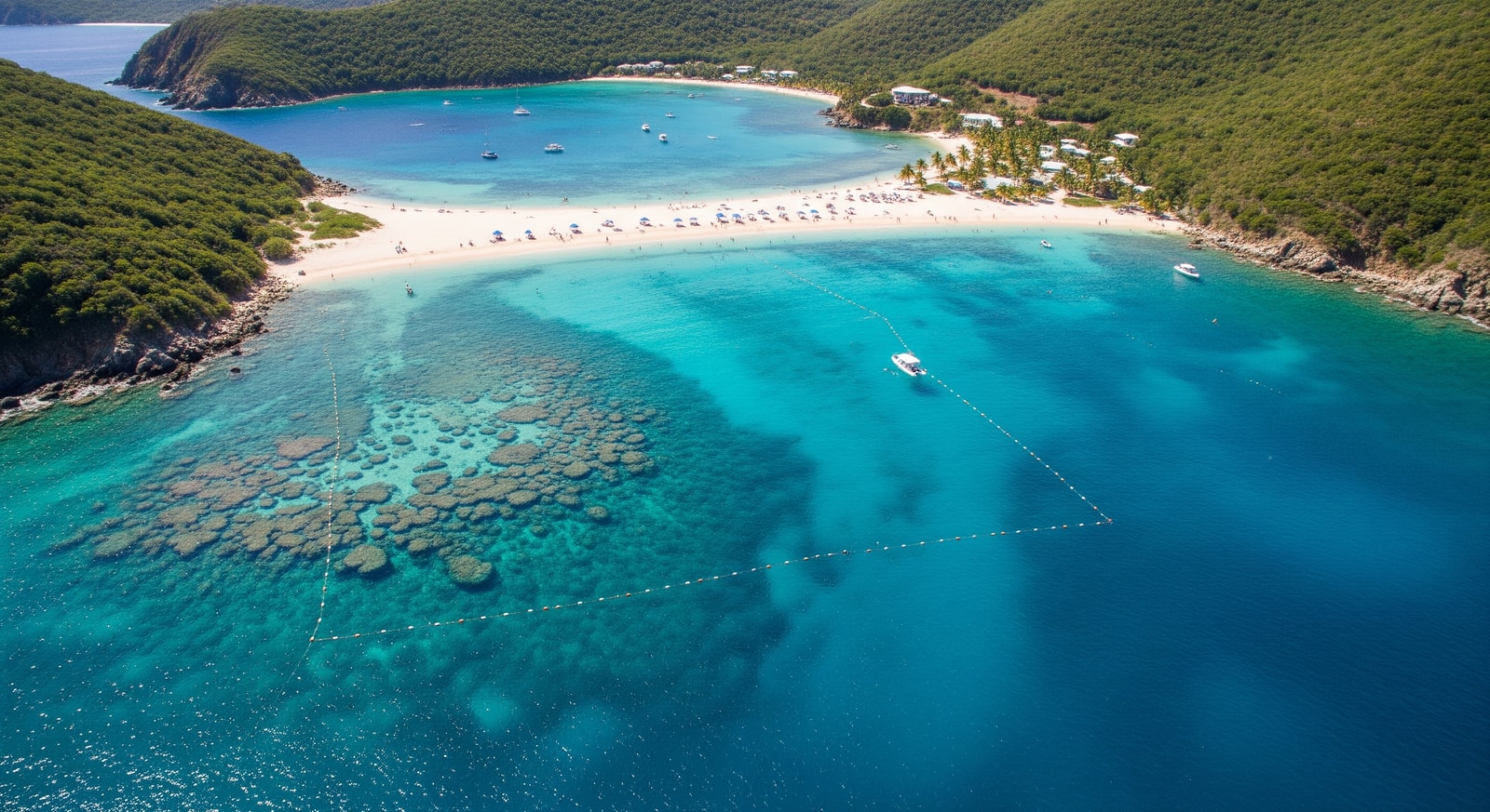 Aerial view of Trunk Bay Beach with underwater snorkeling trail in Virgin Islands National Park