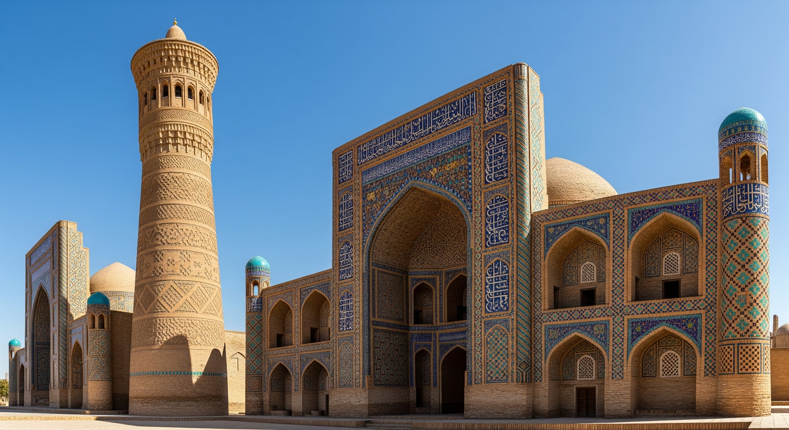 Historic Kalyan Minaret and mosque complex in Bukhara old town under clear blue sky