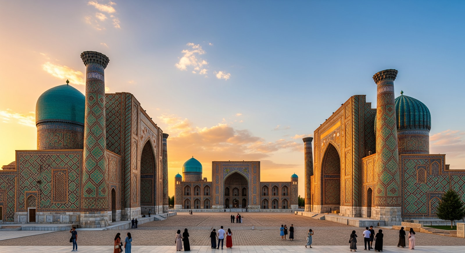 Magnificent Registan Square in Samarkand with three historic madrasas featuring intricate blue tilework