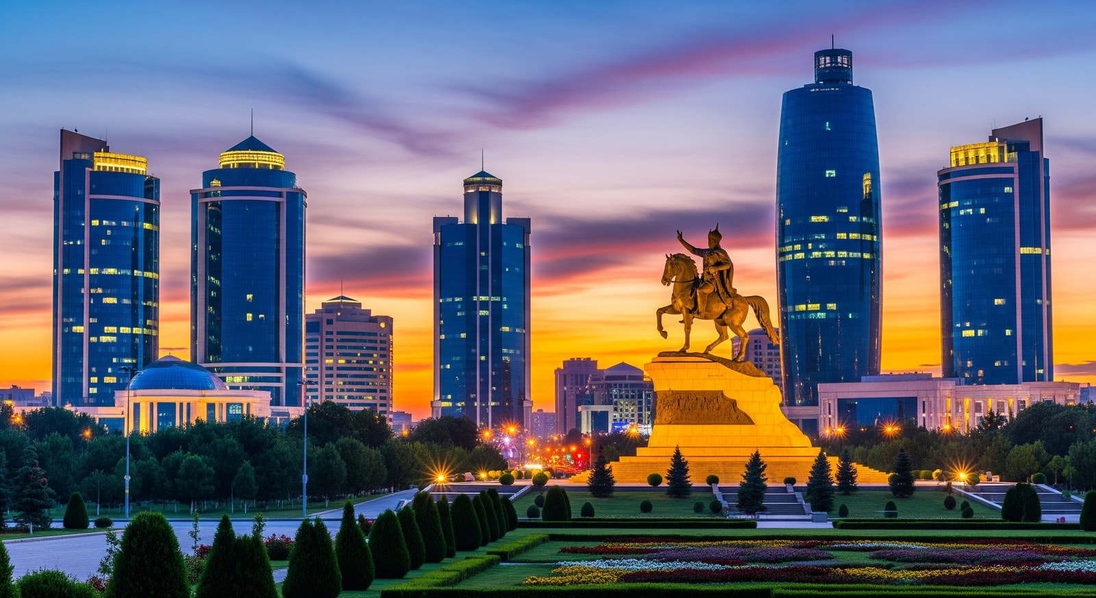 Modern Tashkent cityscape with Amir Timur statue and contemporary architecture at dusk