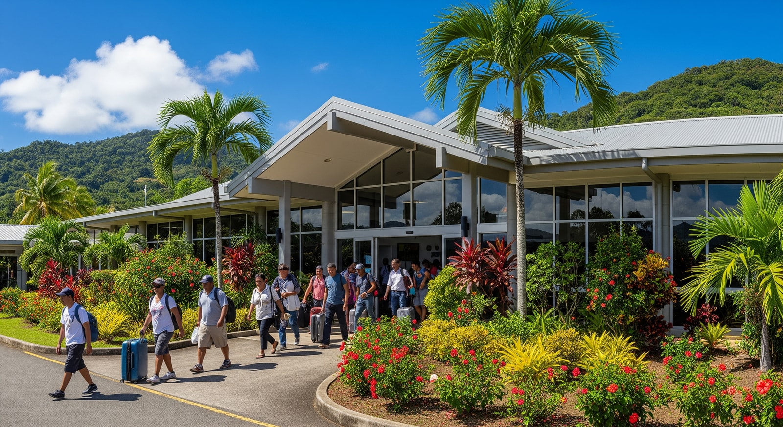 Bauerfield International Airport terminal building in Port Vila with tropical gardens and arriving passengers
