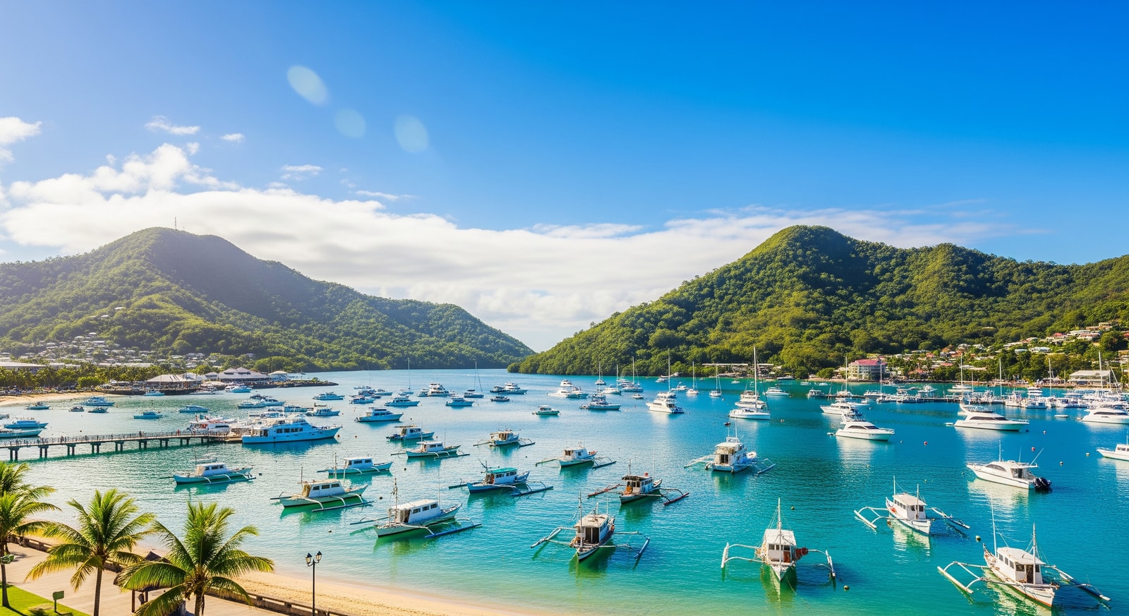 Port Vila waterfront with boats in harbor and green hills in background under blue sky