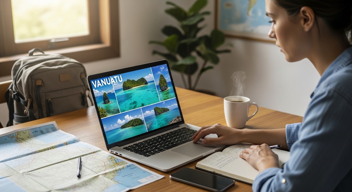 Traveler planning Vanuatu adventure on laptop with tropical island photos displayed