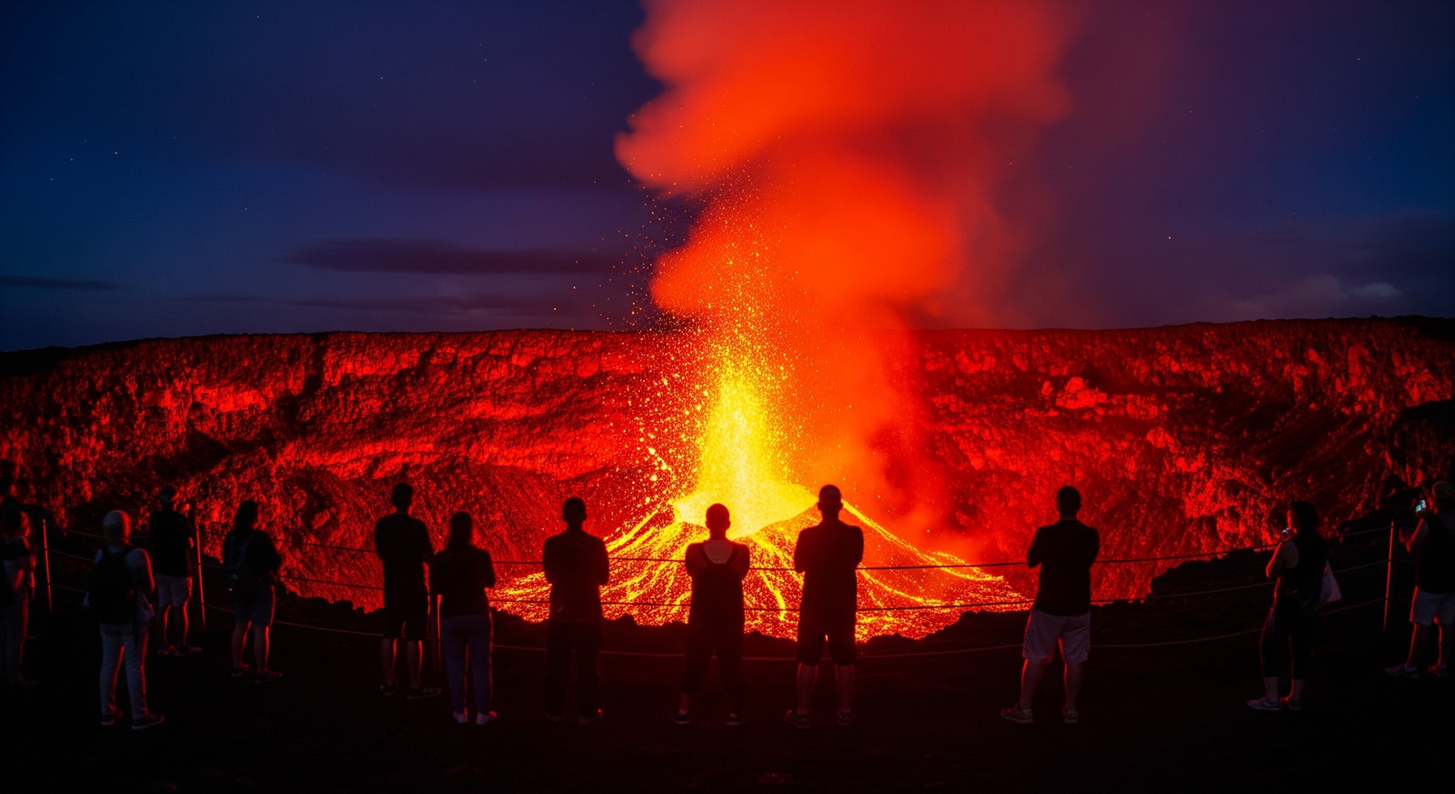 Tourists silhouetted against glowing lava at Mount Yasur volcano crater at night on Tanna Island