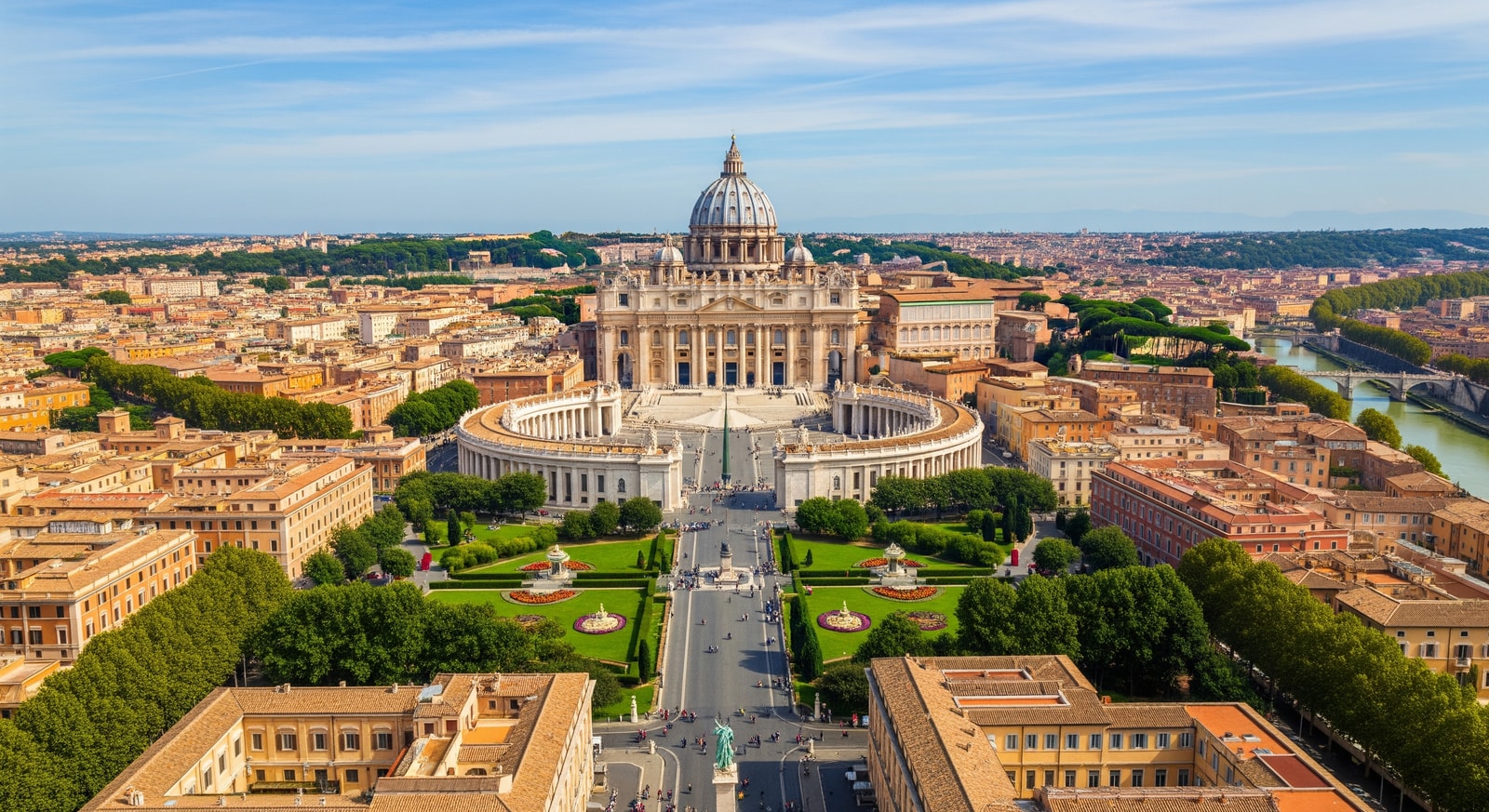 Stunning aerial view of Vatican City showing St. Peter's Basilica dome and the Vatican Gardens