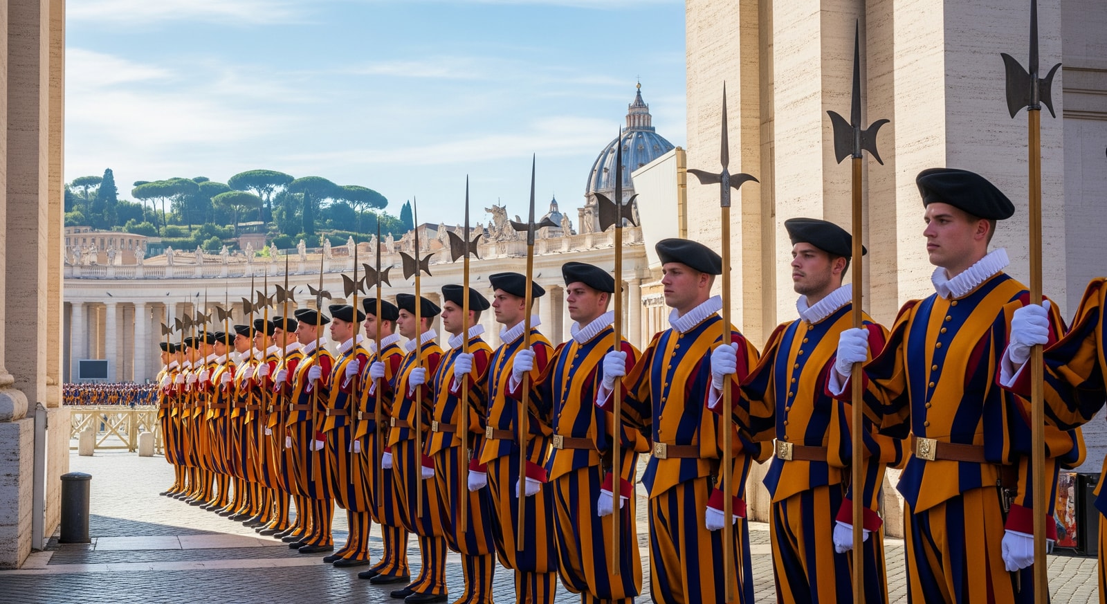 Traditional Swiss Guards in colorful Renaissance uniforms standing at attention at Vatican entrance