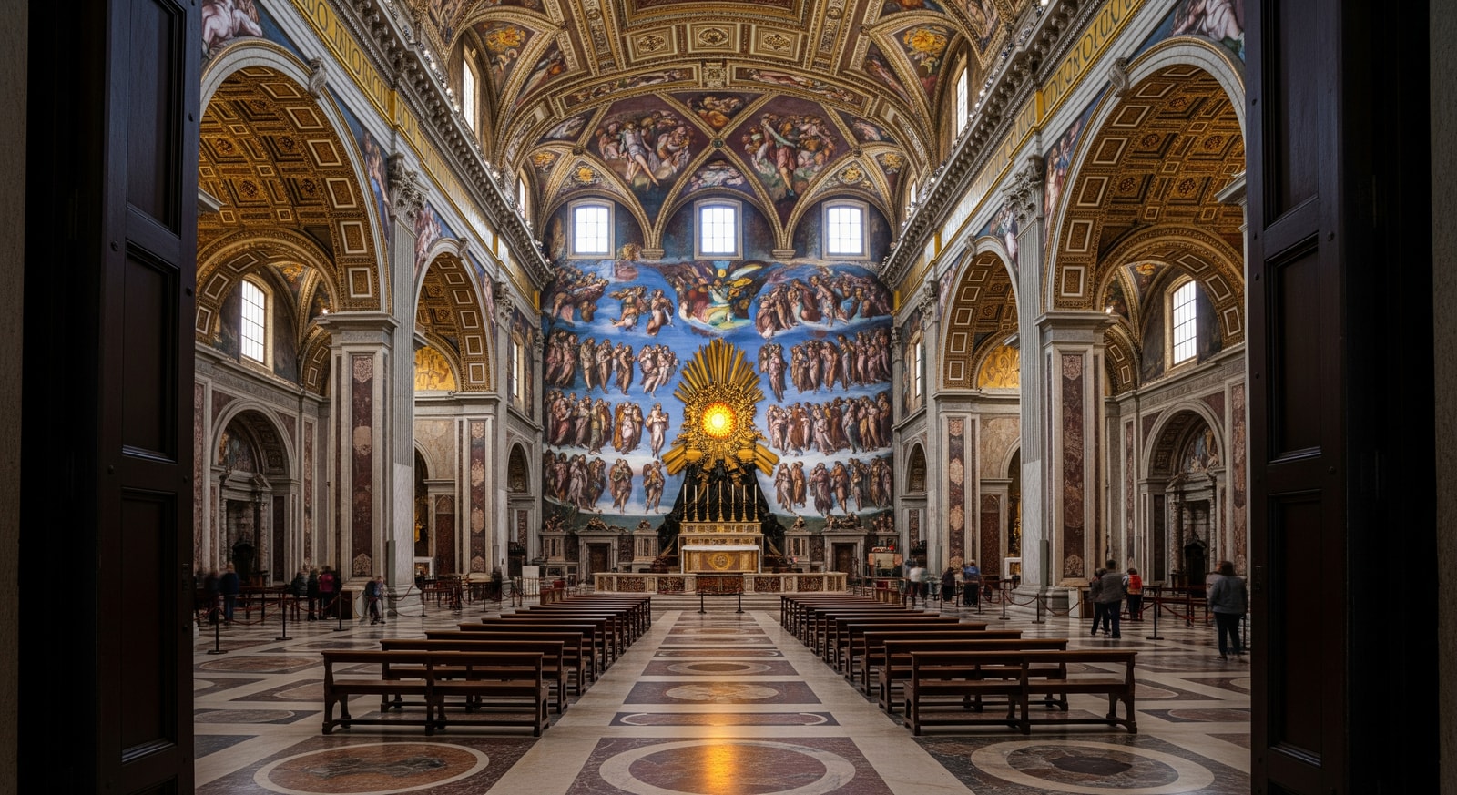 Interior of the Sistine Chapel showing Michelangelo's famous ceiling frescoes and The Last Judgment