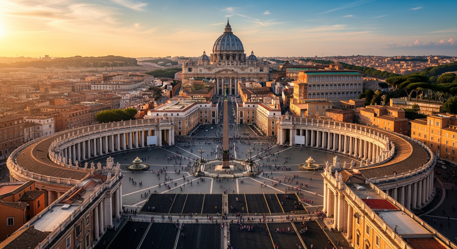 Aerial view of St. Peter's Square with its iconic elliptical colonnades and central obelisk in Vatican City