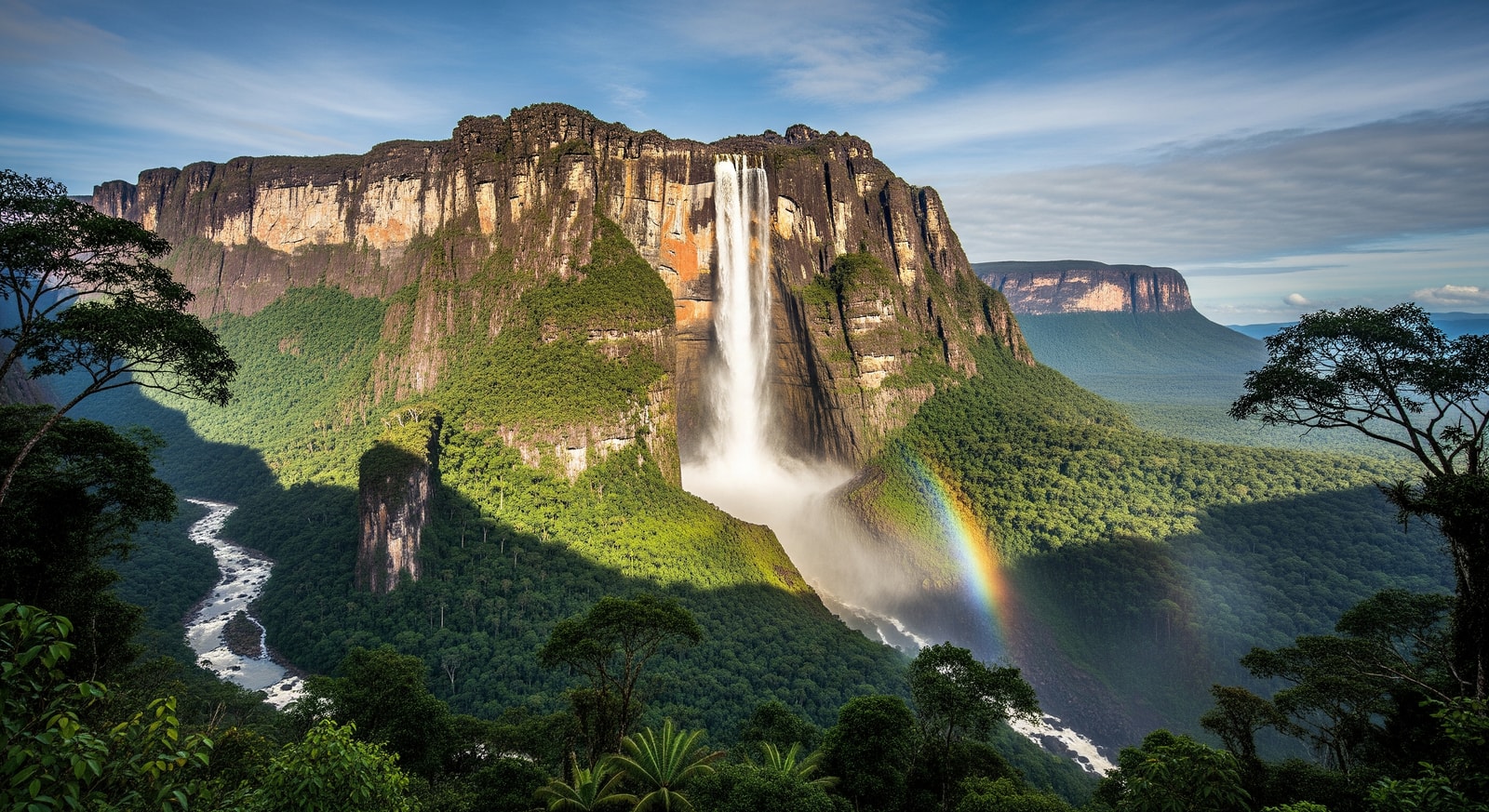 Spectacular view of Angel Falls, the world's highest uninterrupted waterfall, plunging from the Auyantepui tepui