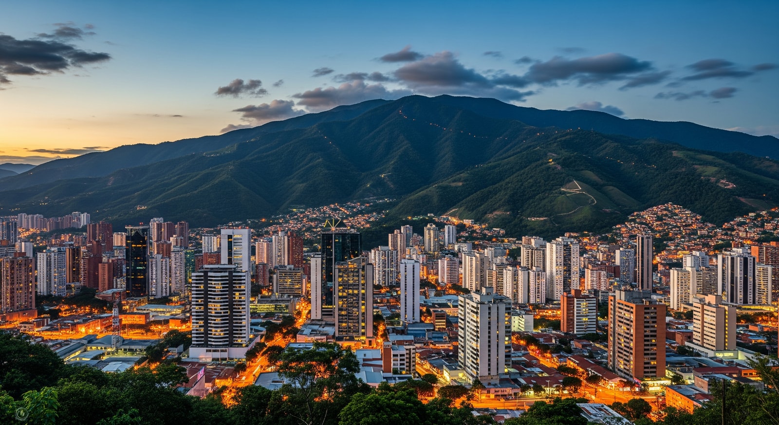 Panoramic view of Caracas skyline with El Avila mountain range in the background and modern buildings