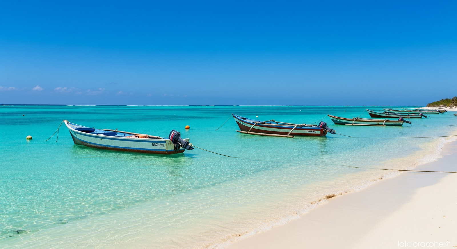 Crystal clear turquoise waters and white sand beaches of Los Roques archipelago with traditional fishing boats
