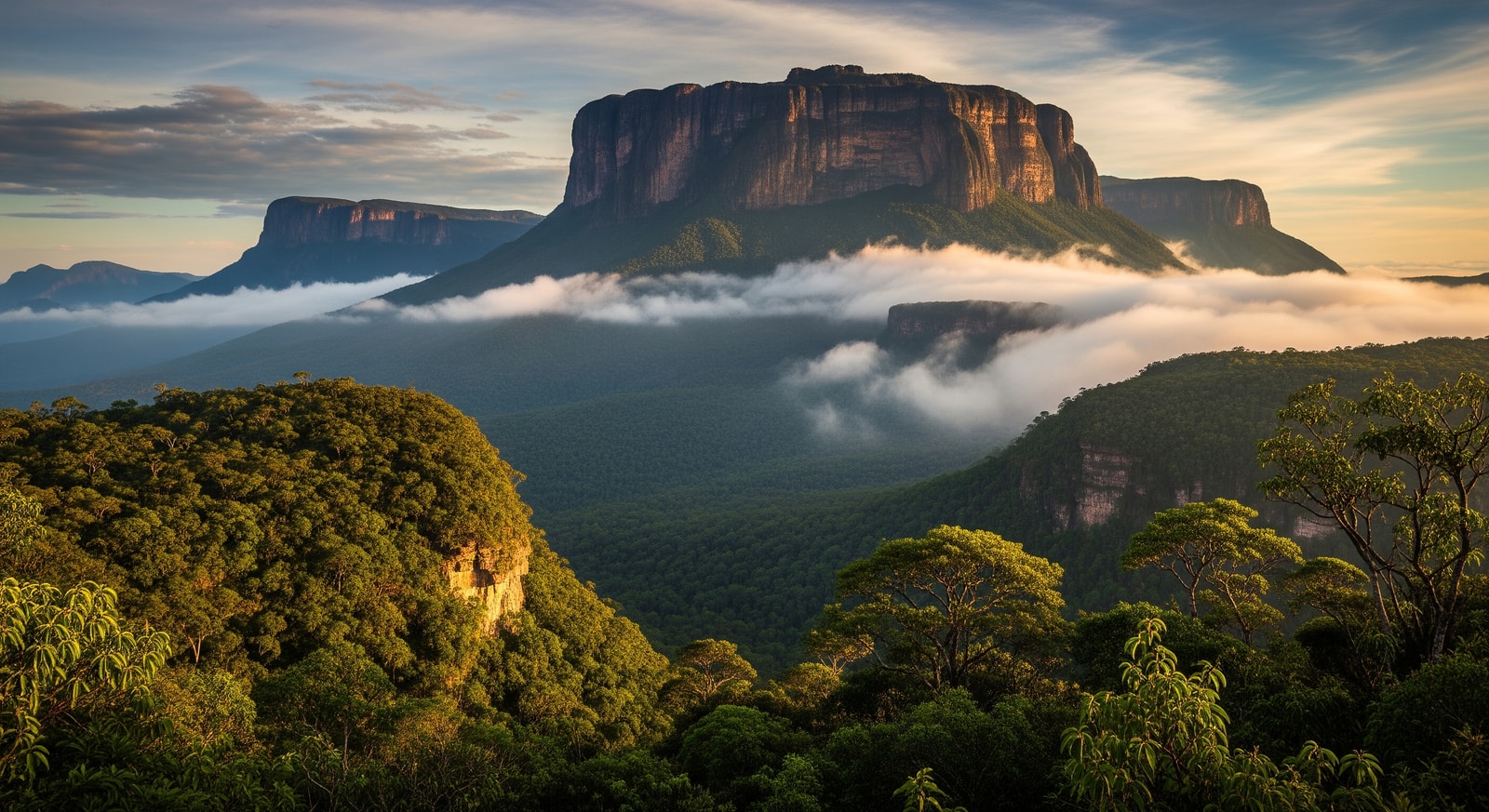 Mount Roraima tepui with its distinctive flat top emerging above clouds and dense jungle vegetation