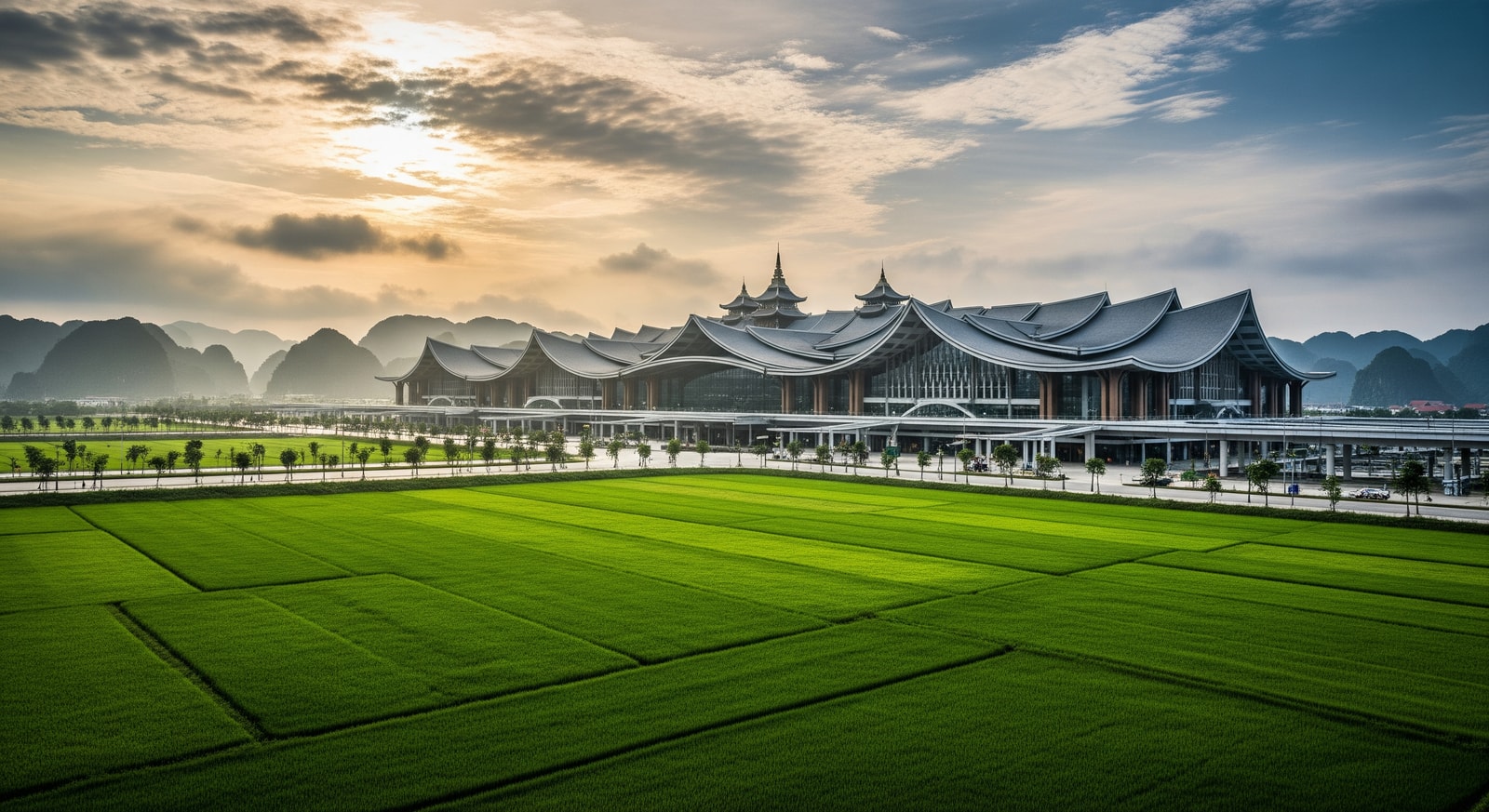Modern Noi Bai International Airport terminal in Hanoi with distinctive Vietnamese architectural elements