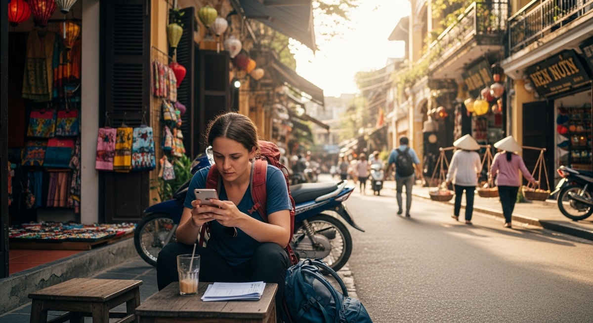 Traveler exploring Vietnam's ancient streets while completing visa application on smartphone
