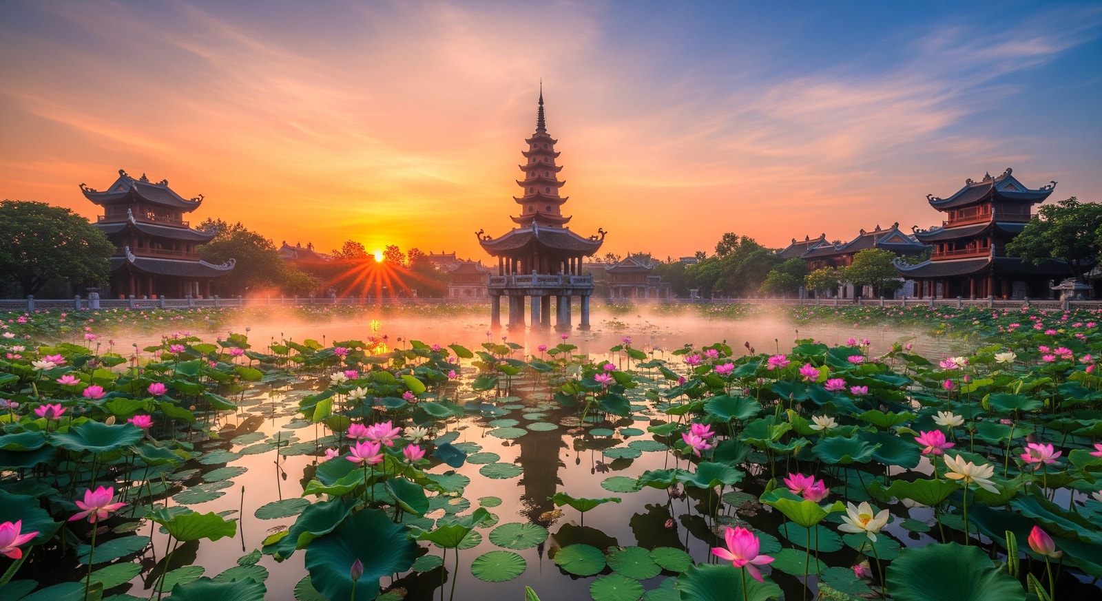 One Pillar Pagoda in Hanoi surrounded by lotus pond and traditional Vietnamese architecture at sunrise