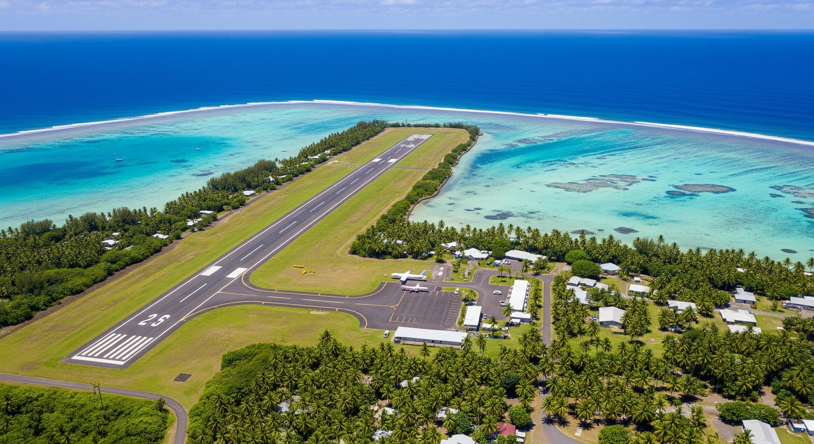 Aerial view of Hihifo Airport on Wallis Island with turquoise lagoon and reef visible in background