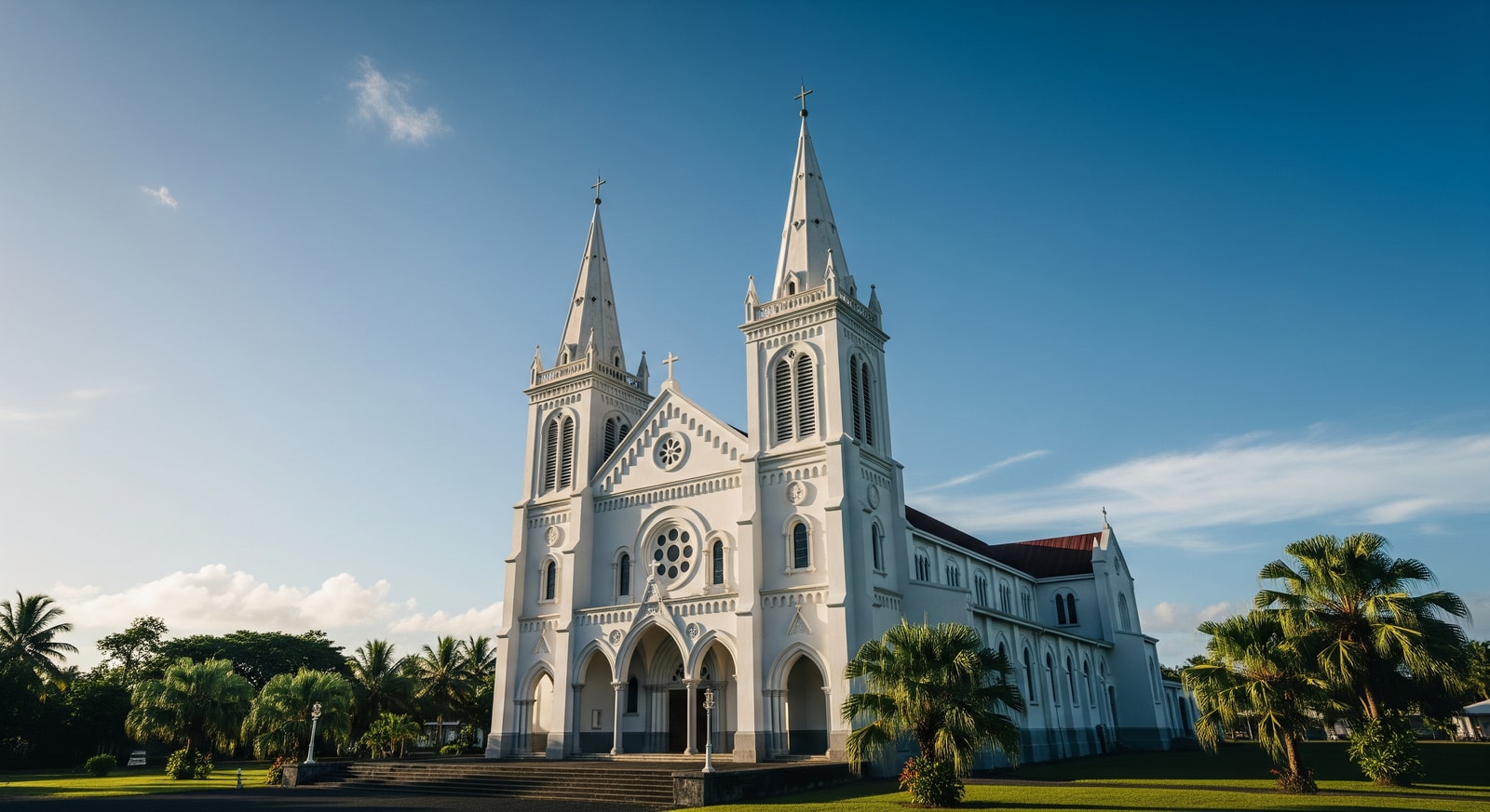 Historic Catholic cathedral in Mata-Utu with white facade and twin spires against blue Pacific sky